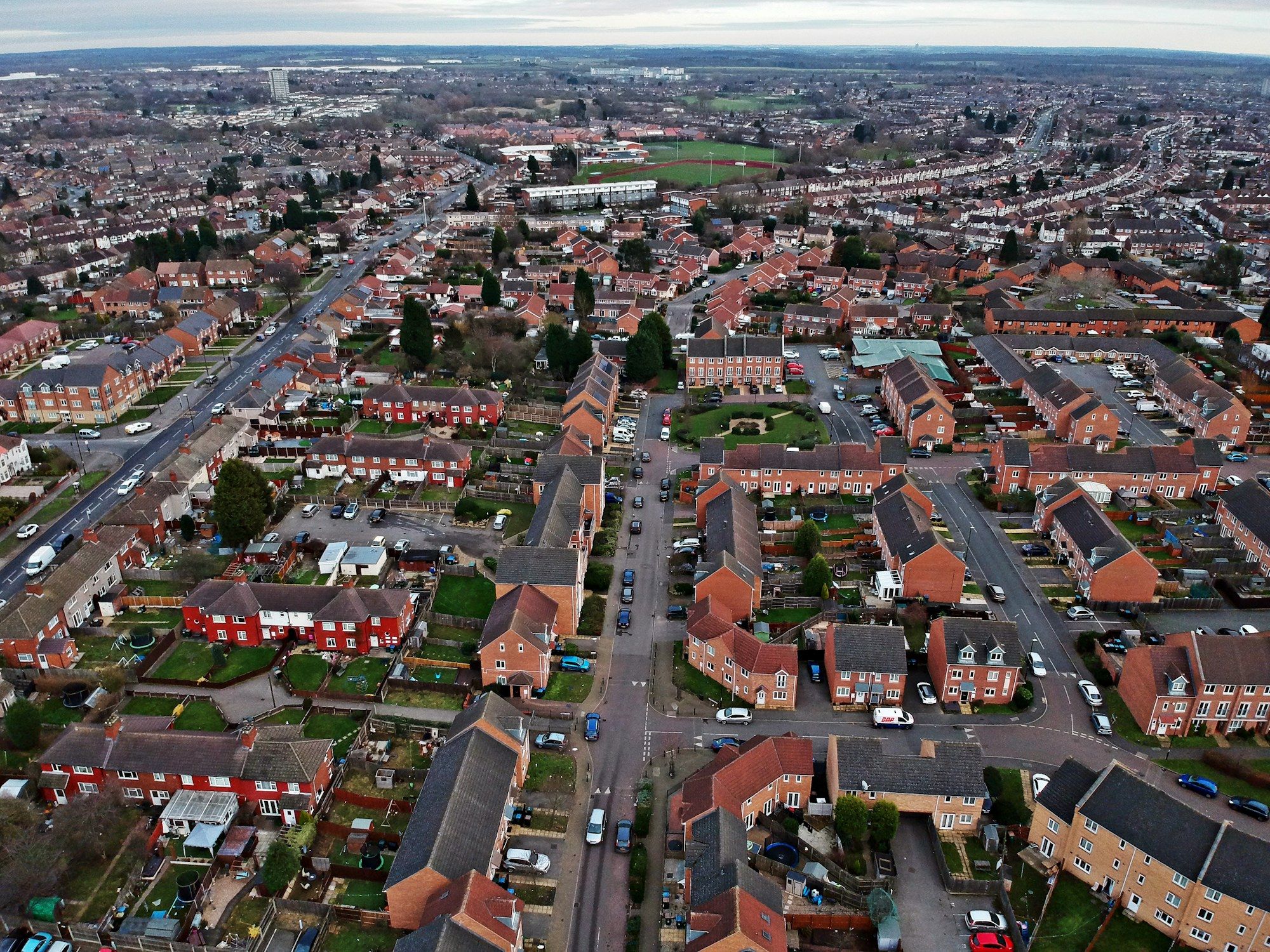 Aerial view of streets of houses in Coventry