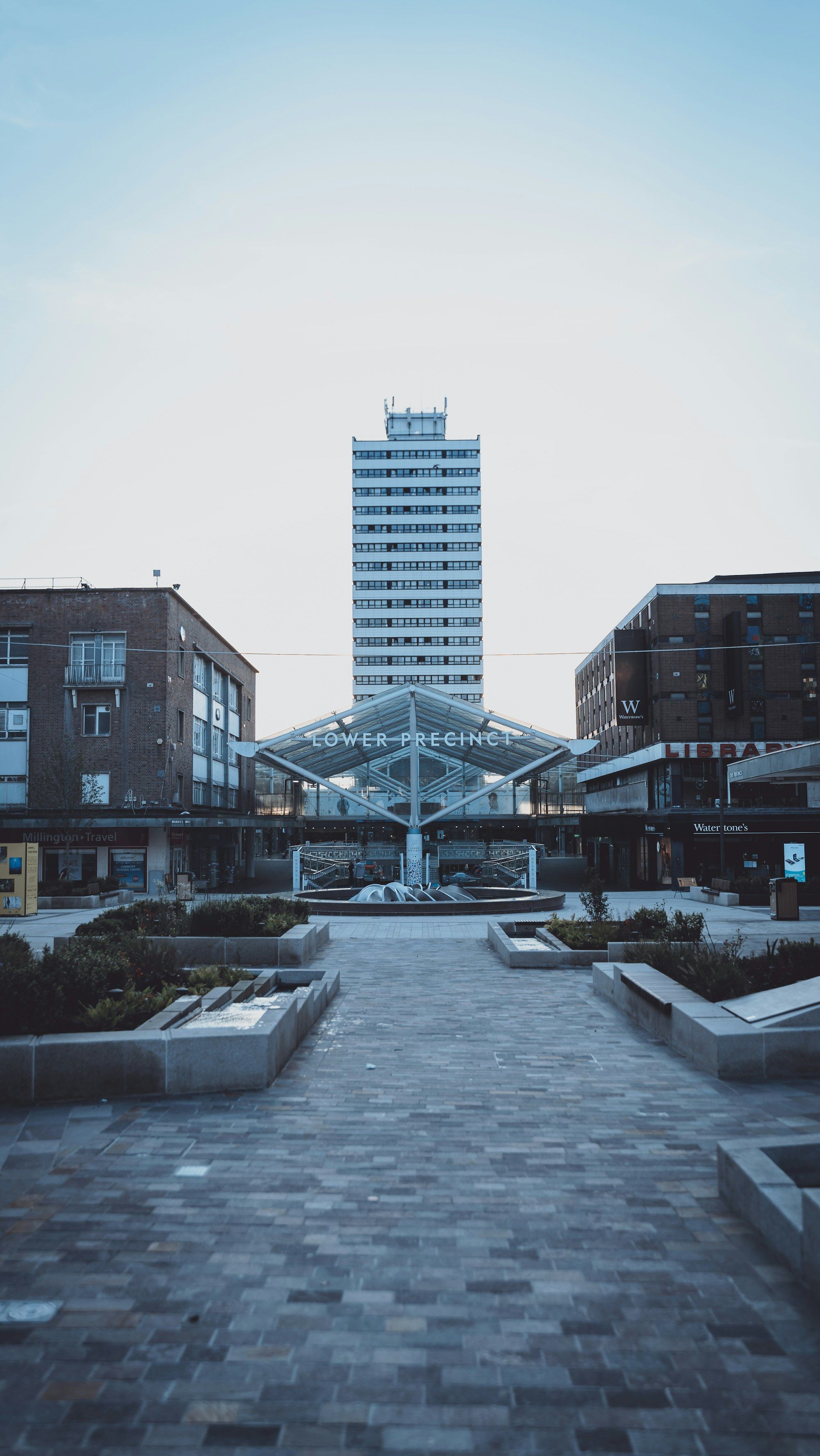 Coventry’s Lower Precinct with a tall tower block behind