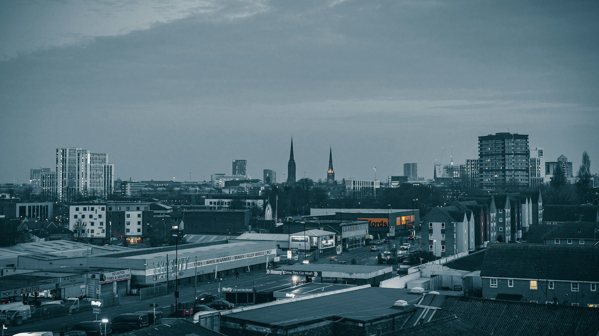 The Coventry skyline with its spires on the horizon